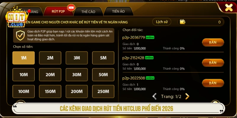 Các kênh giao dịch rút tiền HITCLUB phổ biến 2026